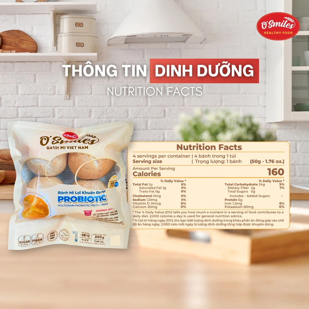 dinh dưỡng trong ổ bánh mì lợi khuẩn đa hạt o'smiles